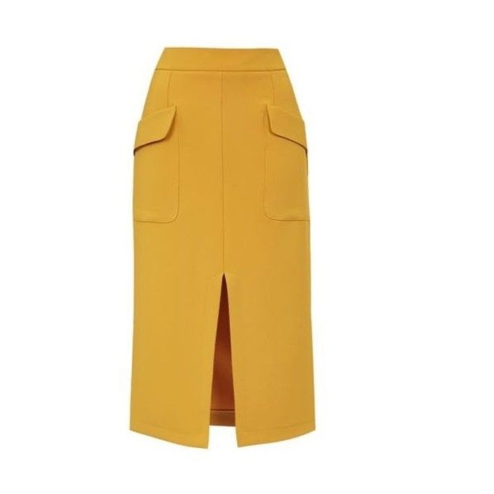 Topshop yellow midi skirt with split in front.